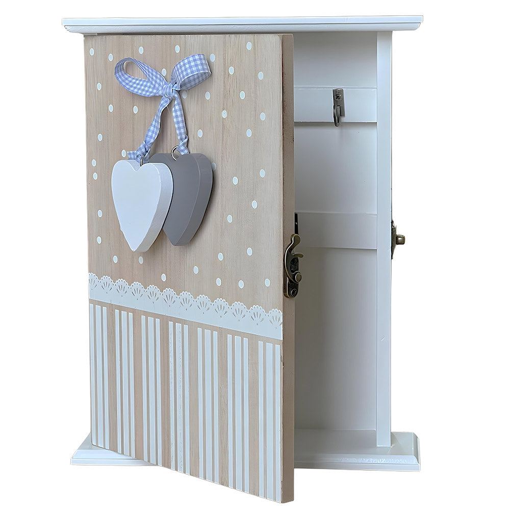 Cassetta portachiavi per casa appendichiavi da parete in legno bianco cuori blu