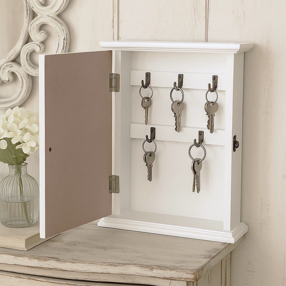 Cassetta portachiavi per casa appendichiavi da parete in legno bianco cuori blu