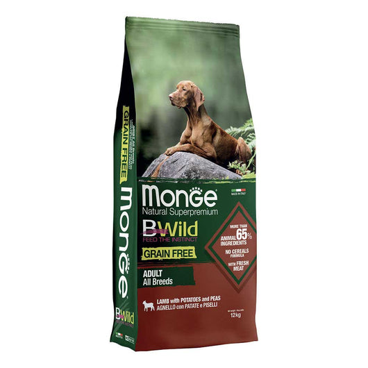 Monge Cane Crocchette Bwild Adult Agnello Patate e Piselli 12Kg Grain Free