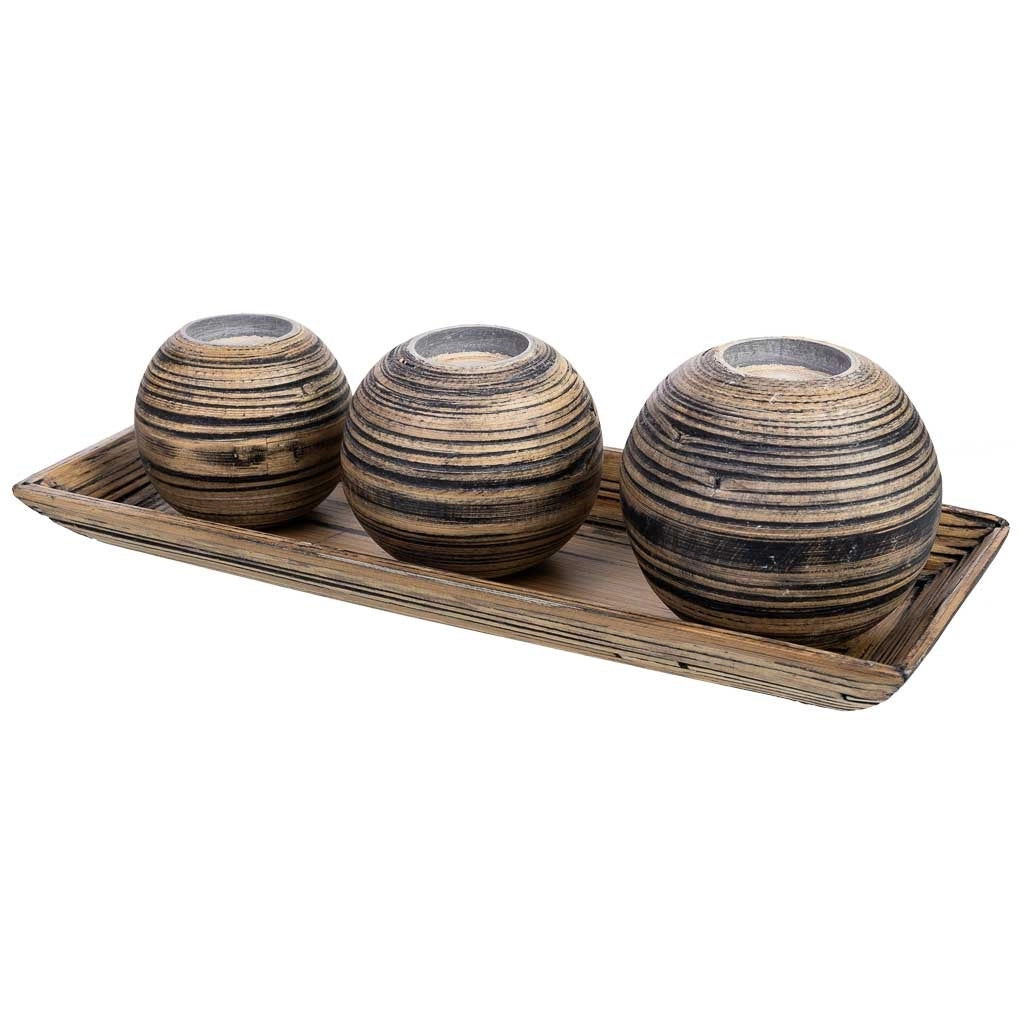 Set vassoio e 3 portacandele in legno di bambù marrone 33x13x3h cm