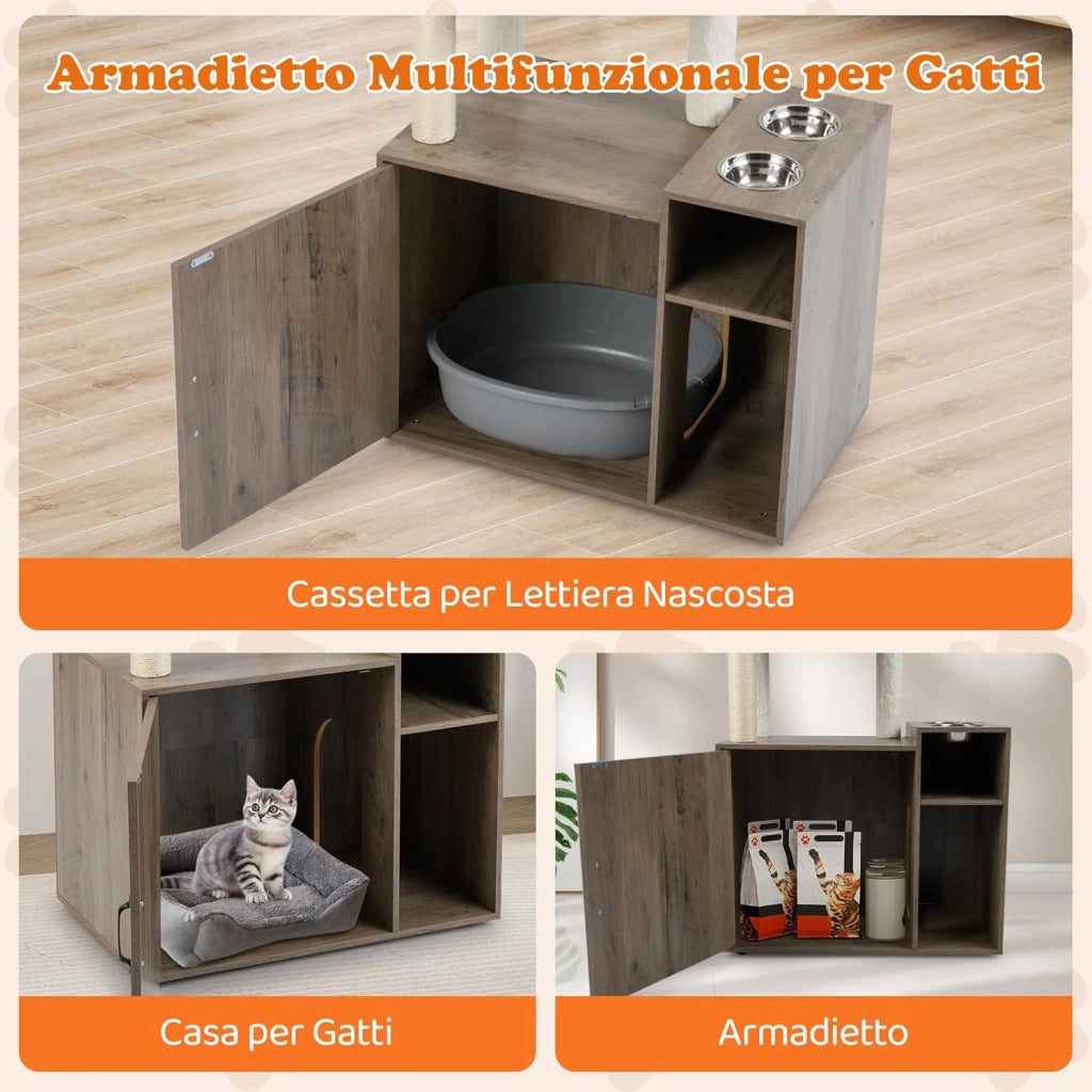 Mobiletto per Lettiera per Gatti, Tiragraffi per Gatti con Posto Graffio in Sisal e Tappetino, Pallina Pendenti, Toilette Nascosta e 2 Ciotole per Cibo, Mobili Moderni per Gattini (Grigio)