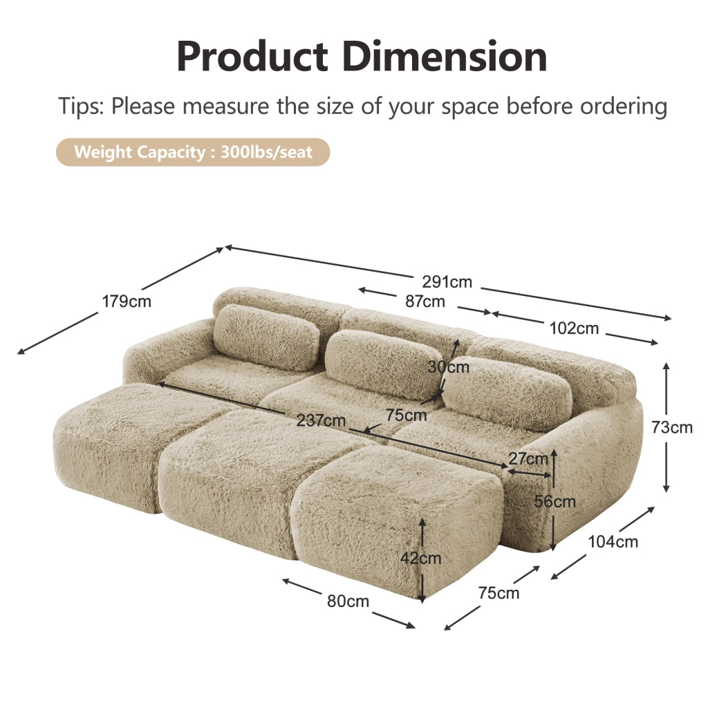 OKWISH Divano Modulare 3 Posti, Design Senza Struttura con Pouf Collegabile e Base Antiscivolo, Peluche, Cachi Chiaro