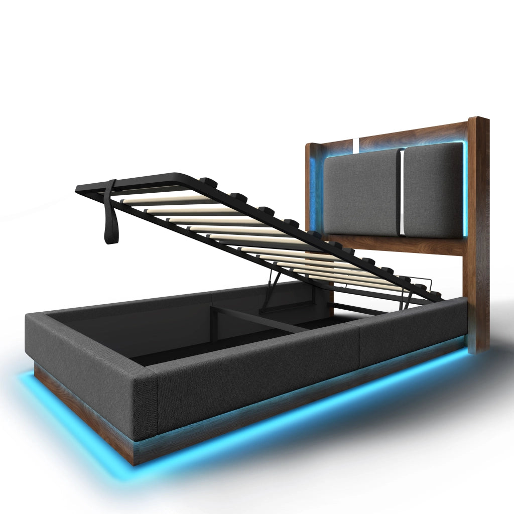 Letto contenitore 90x200 cm con LED, rete a doghe e struttura idraulica, senza materasso
