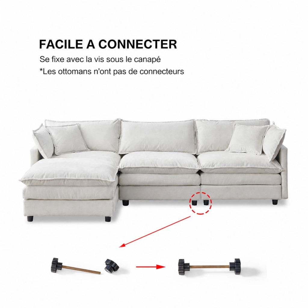 Divano angolare modulare in chenille con pouf mobile e 3 posti, struttura in legno massiccio, beige
