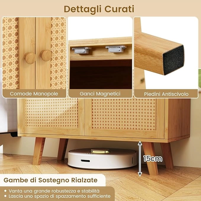 Mobile da Bagno, Armadietto Salvaspazio da Terra con Ripiano Regolabile e 2 Ante in Rattan PE, Credenza in Bambù per Soggiorno, Sala da Pranzo, Cucina e Camera da Letto, 80 x 34,5 x 85 cm