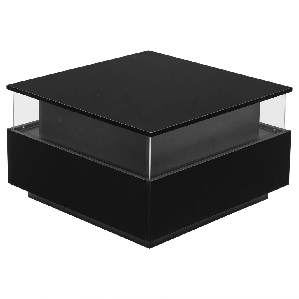 Tavolino da caff¨¨ moderno nero lucido con illuminazione LED, 2 cassetti e area espositiva trasparente, 70¡Á70¡Á41 cm, portata 30 kg