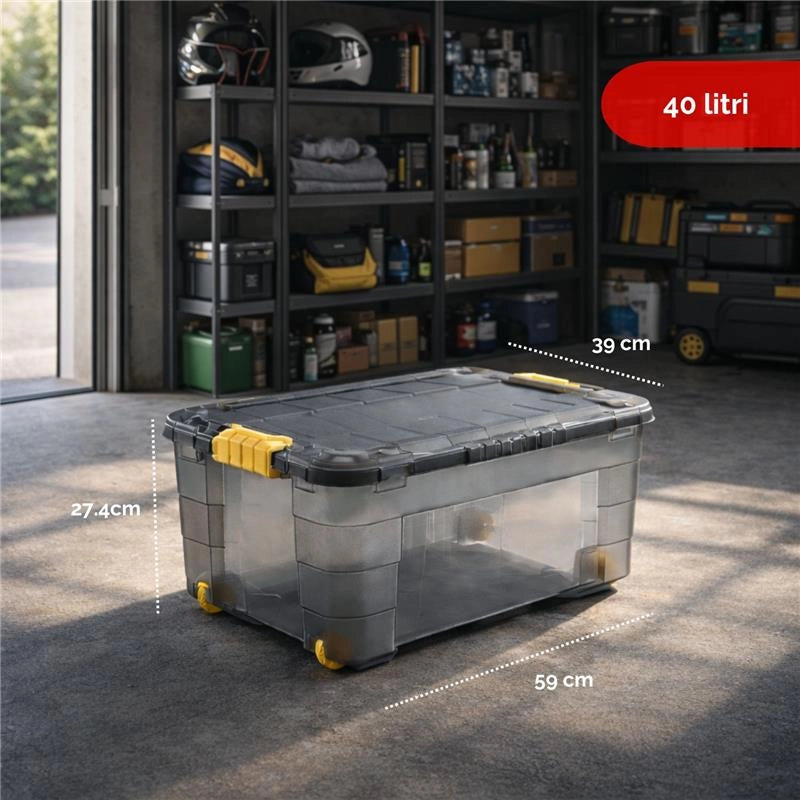 BOX CONTENITORE 40L CON COPERCHIO E RUOTE 59X39X27,4 CM GRAFITE TRASPARENTE/AMBRA – SCATOLA PORTAOGGETTI SALVASPAZIO CON ROTELLE PER CASA E RIPOSTIGLIO
