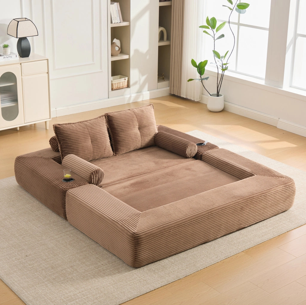 Divano letto modulare in velluto a coste marrone 180 cm