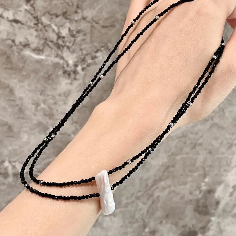 Collana lunga vintage con perle e cristalli neri per clavicola, regalo di Natale o compleanno.