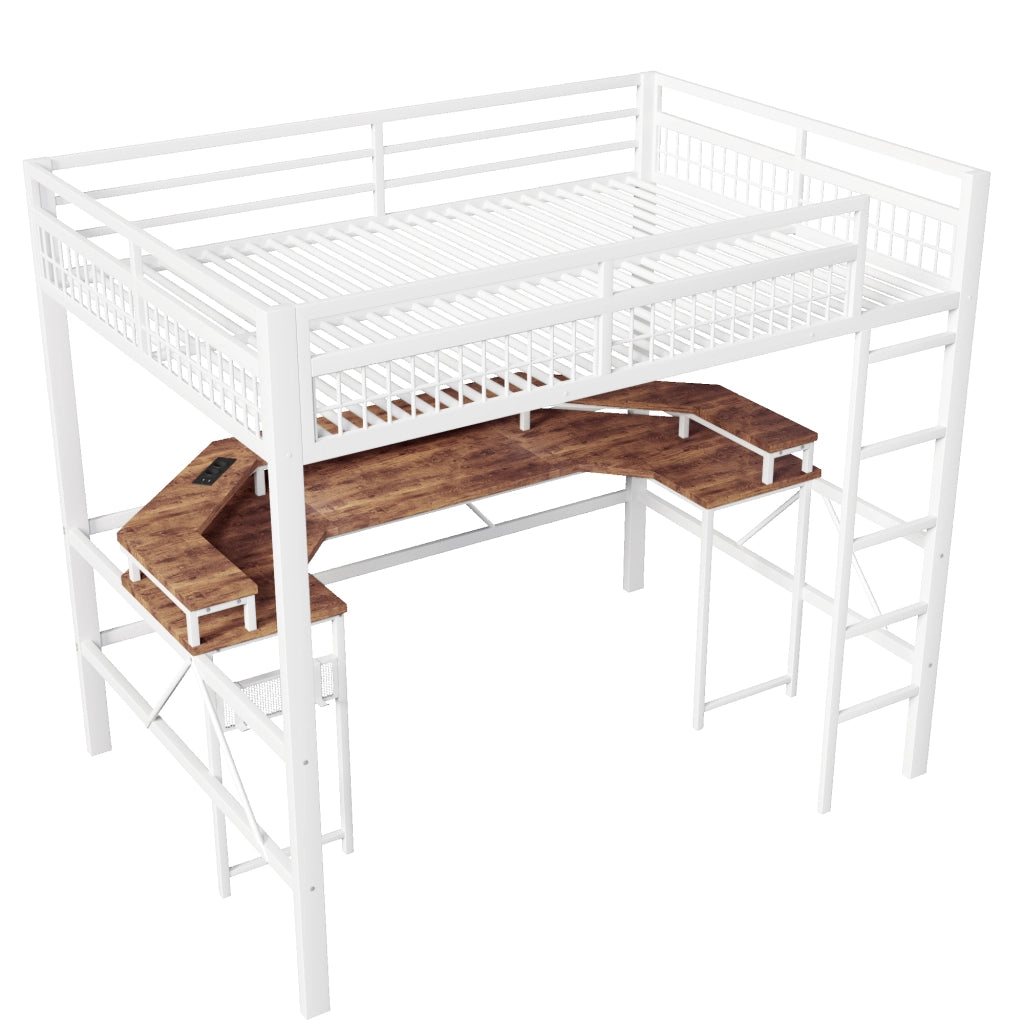 LETTO A SOPPALCO 140x200 cm in metallo bianco con scrivania, LED, USB e prese