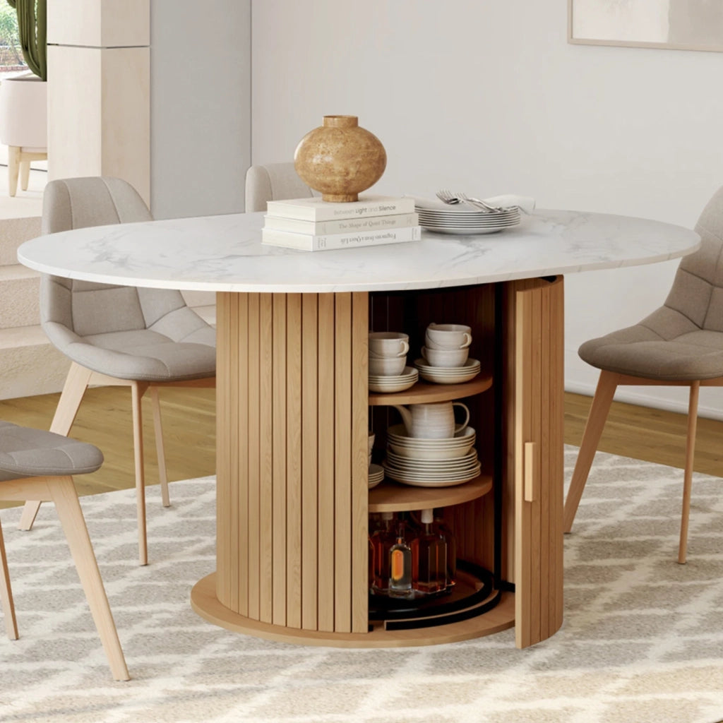 IDMarket - JULIETTE Tavolo da pranzo rotondo allungabile per 4-8 persone con gambe a doghe e piano effetto marmo bianco 110-150 cm