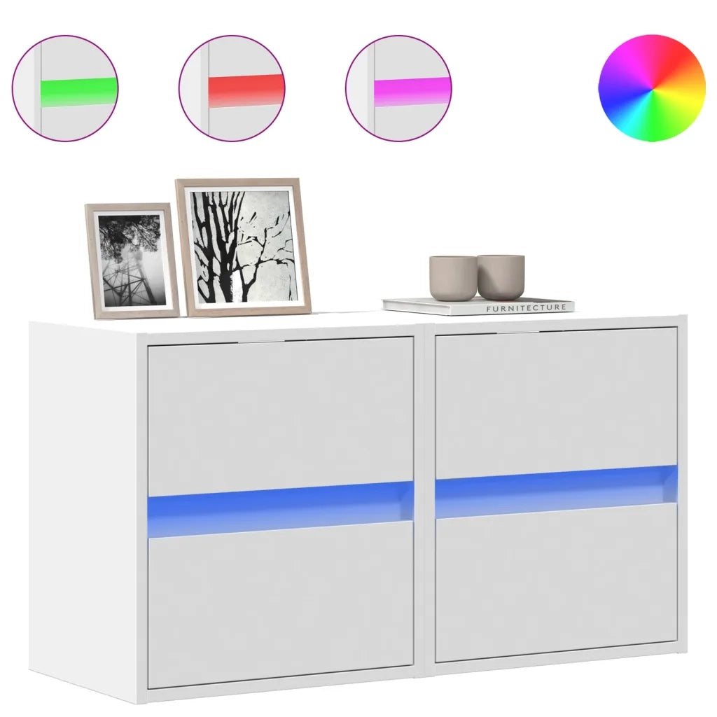 vidaXL Mobili TV a Parete con Luci LED 2pz Bianchi 40x30x40 cm