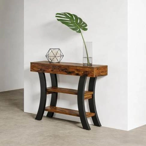 Consolle ULEVR 105x30x80 cm con 3 ripiani aperti, struttura in MDF e metallo, nero e marrone rustico