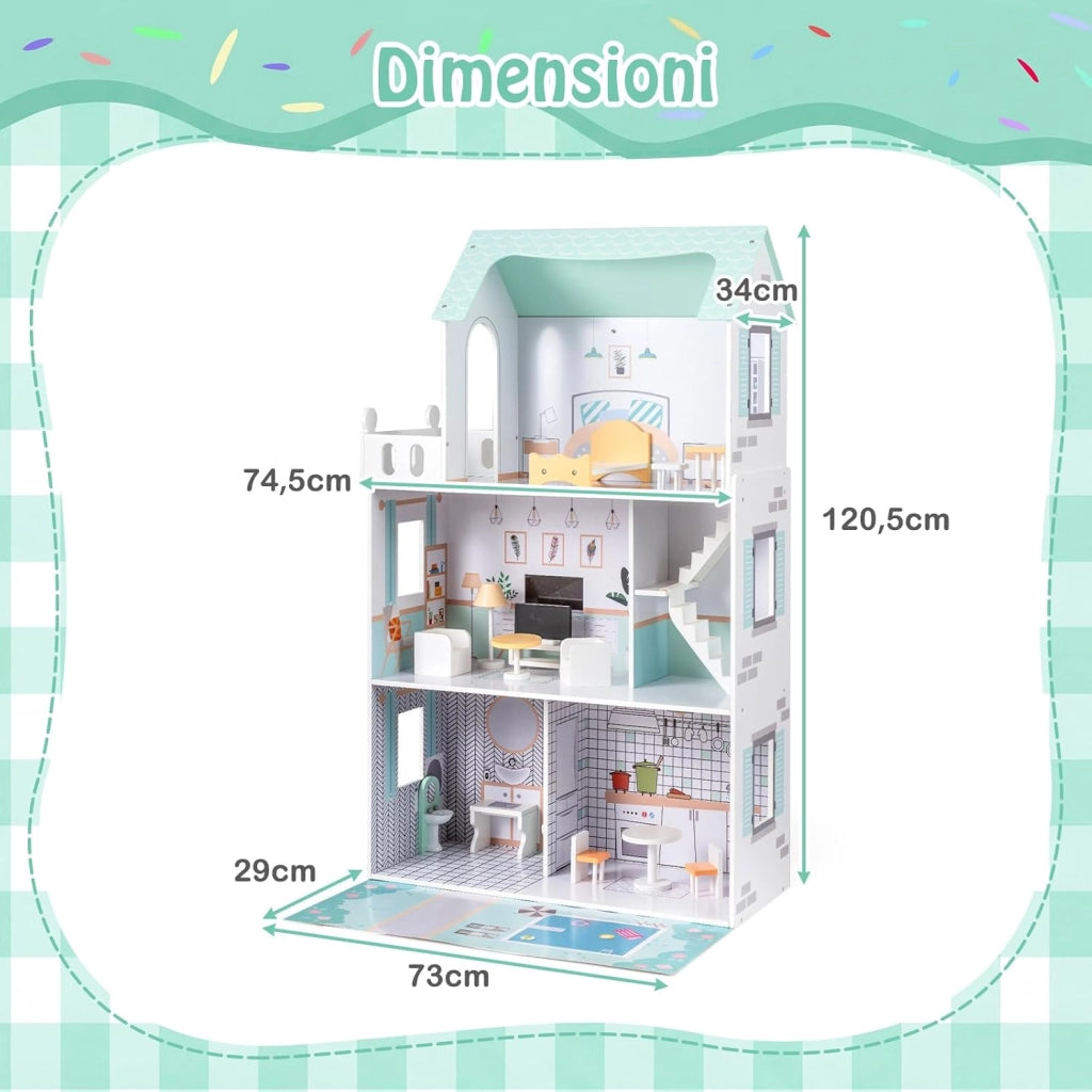Casa delle Bambole a 3 Piani in Legno, Casa Barbie con Scale e 17 Pezzi di Mobili Completi, Villa da Principessa Fai-da-Te Giocattolo per Bambini 3+ Anni, 74,5 x 63 x 120,5 cm (Verde)