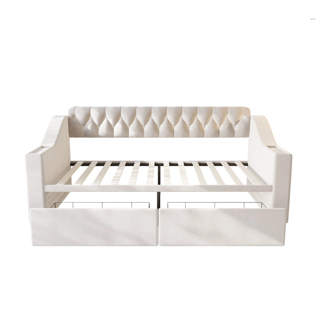 Polsterbett Schlafsofa 90 x 190 cm in velluto beige con contenitore, porte USB e struttura in metallo
