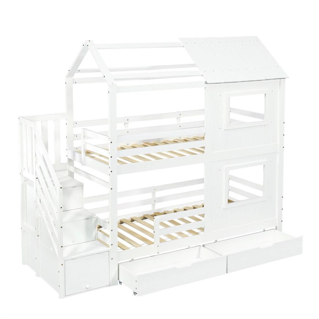 OKWISH Letto a Castello 90×200 cm, Letto Singolo con Scala Contenitore, Cassetto con Ruote e Finestre e Tetto, senza Materasso, Bianco