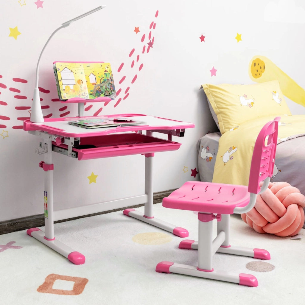 Set scrivania e sedia per bambini con altezza regolabile, Scrivania e sedia con leggio per libri e luce LED Rosa