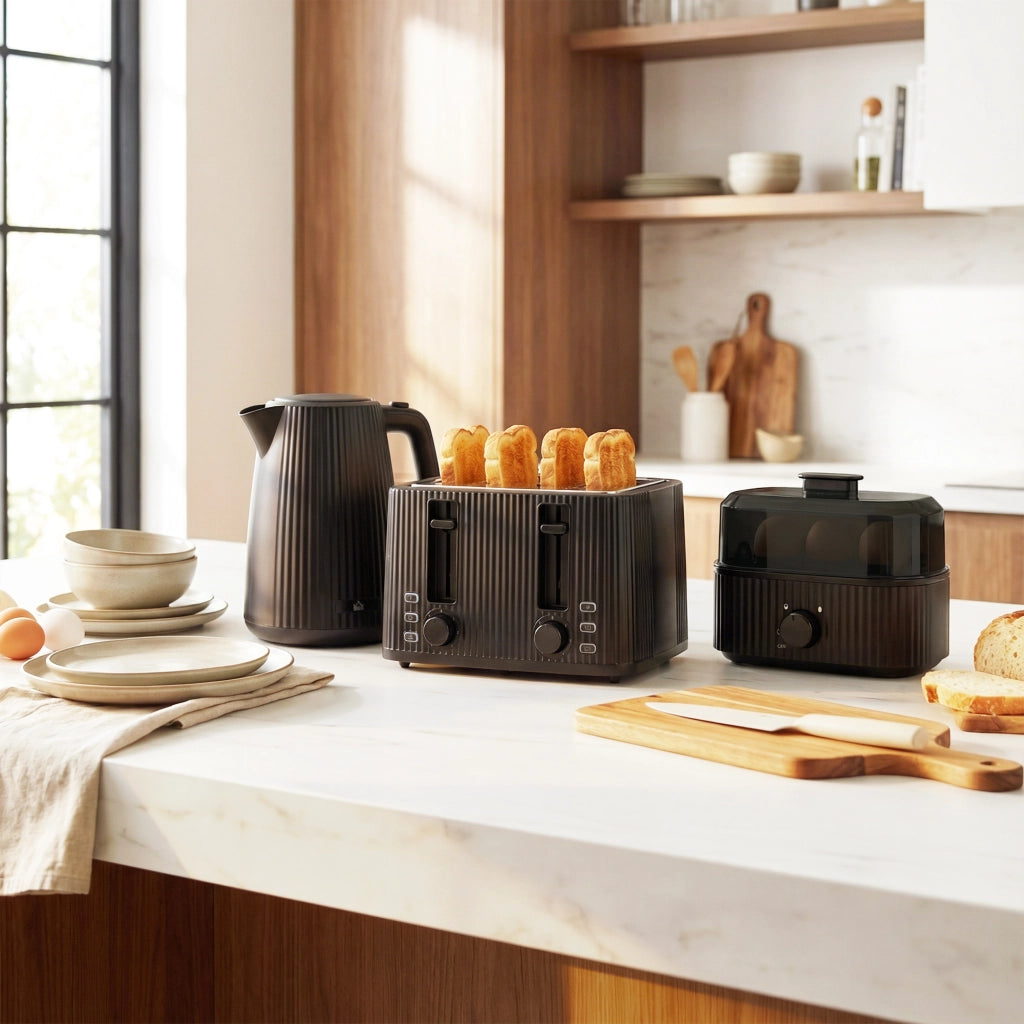 Set Colazione Elettrico - Xylo - Bollitore 1,7L + Tostapane 4 Fette + Cuociuova 6 Uova Nero