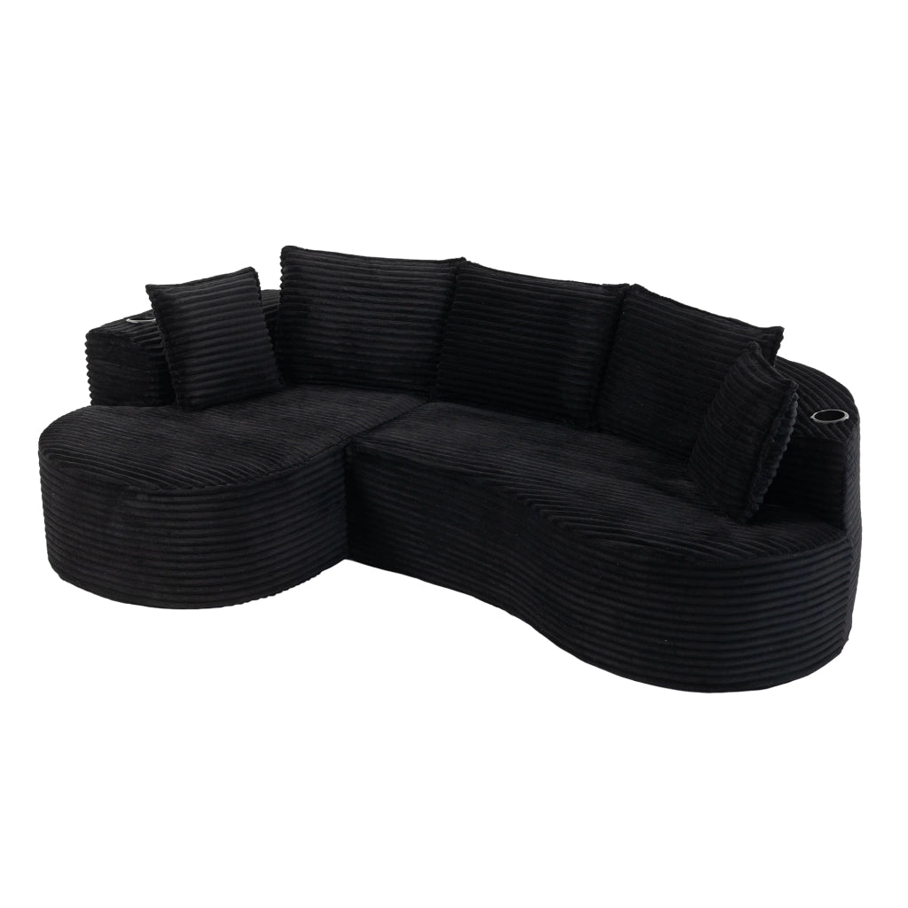 Divano curvo in velluto a coste, con portabicchieri e tasche laterali, 250×152×82 cm, nero