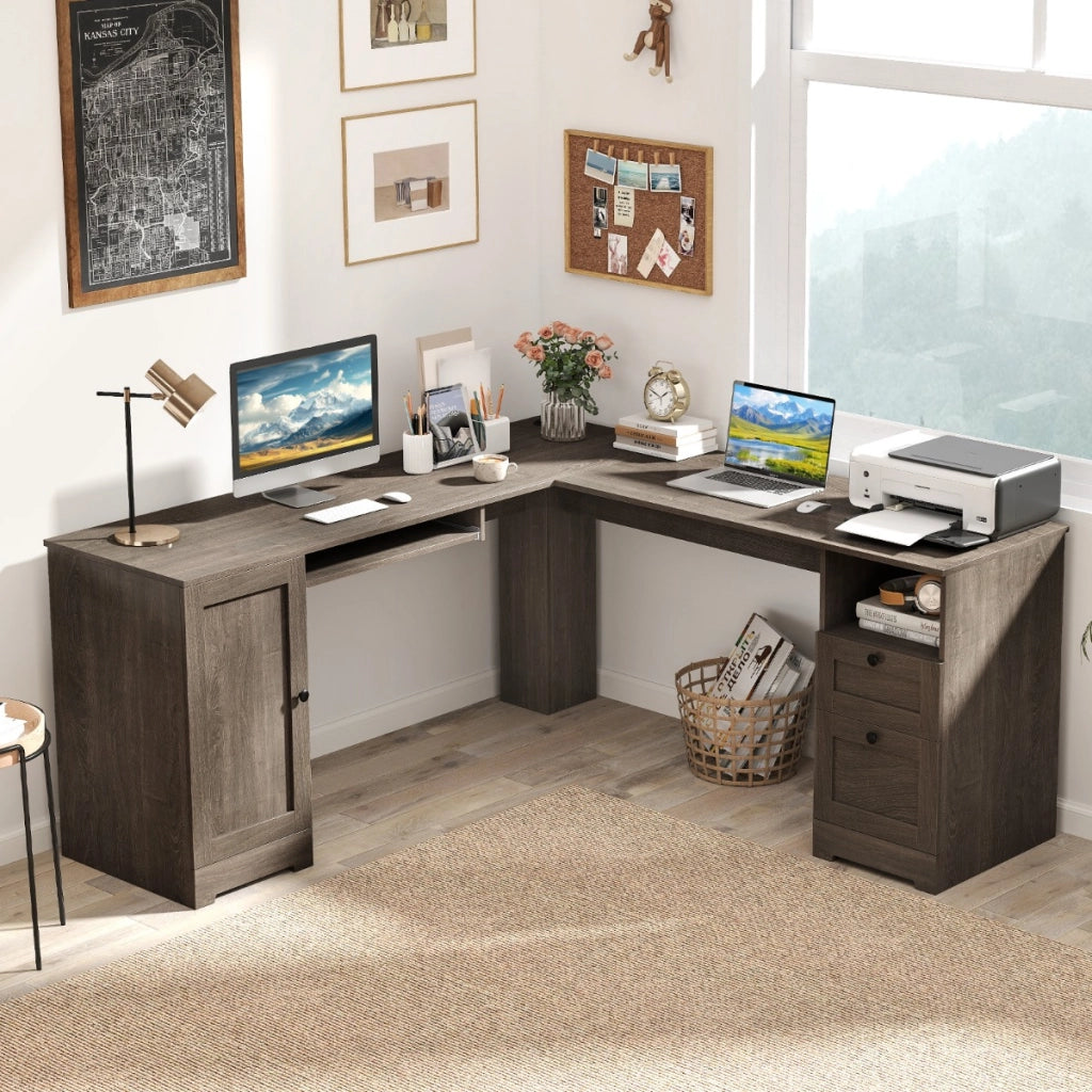 Scrivania a L per gaming lavoro e scrittura 168 x 168 x 76 cm, Scrivania angolare moderna con 2 prese Grigio-Scrivanie