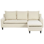 Divano Angolare Sinistro Tessuto beige Imbottito Gambe Legno Scuro Chaise longue a 3 posti a versione sinistra Cuscino schienale