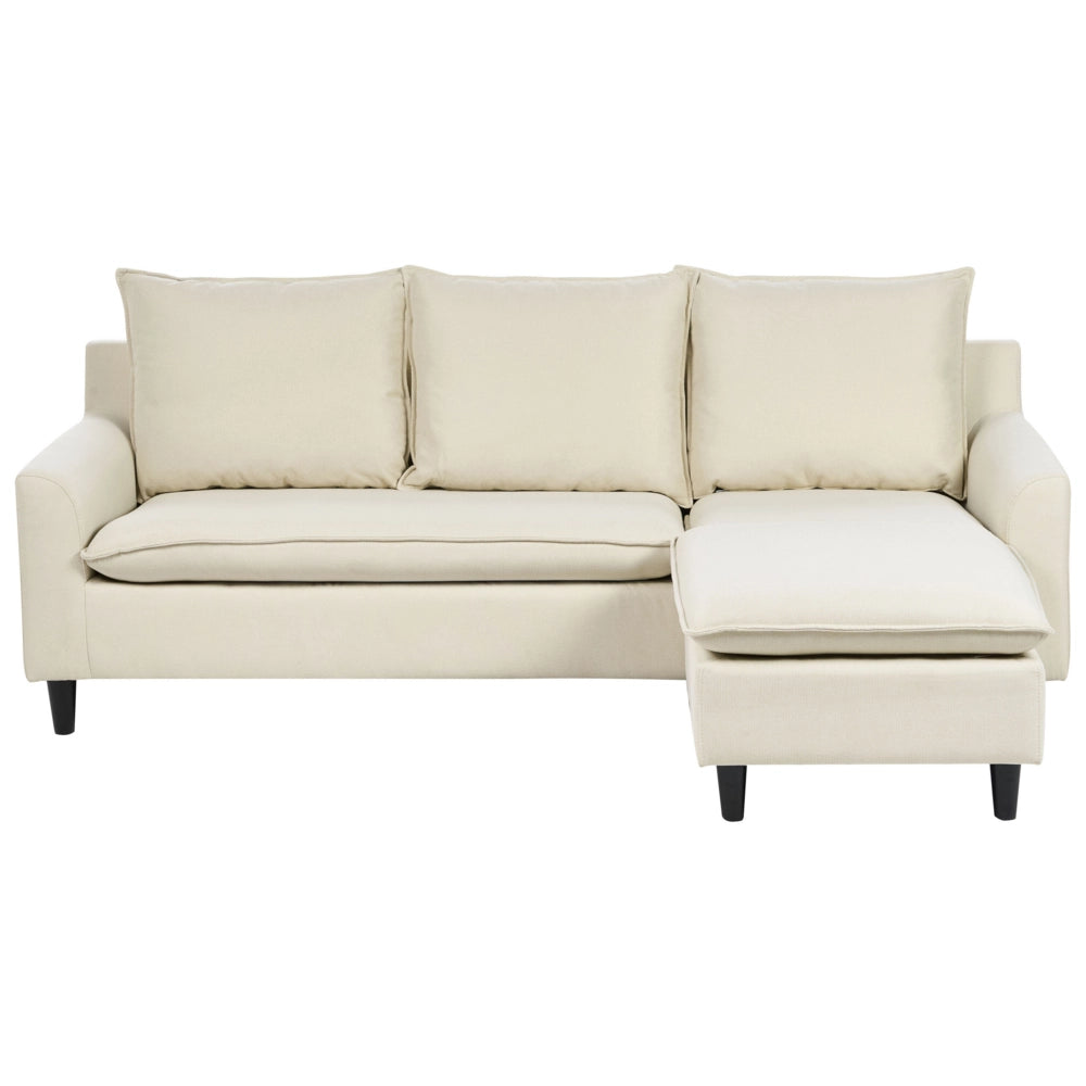 Divano Angolare Sinistro Tessuto beige Imbottito Gambe Legno Scuro Chaise longue a 3 posti a versione sinistra Cuscino schienale
