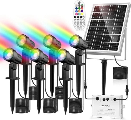 Illuminazione esterna a energia solare RGB 6 pezzi con telecomando 10 colori 12 modalità cicliche funzione di memoria funzione di timer impermeabile IP66 punti di luce solari per giardino vialetto e balcone