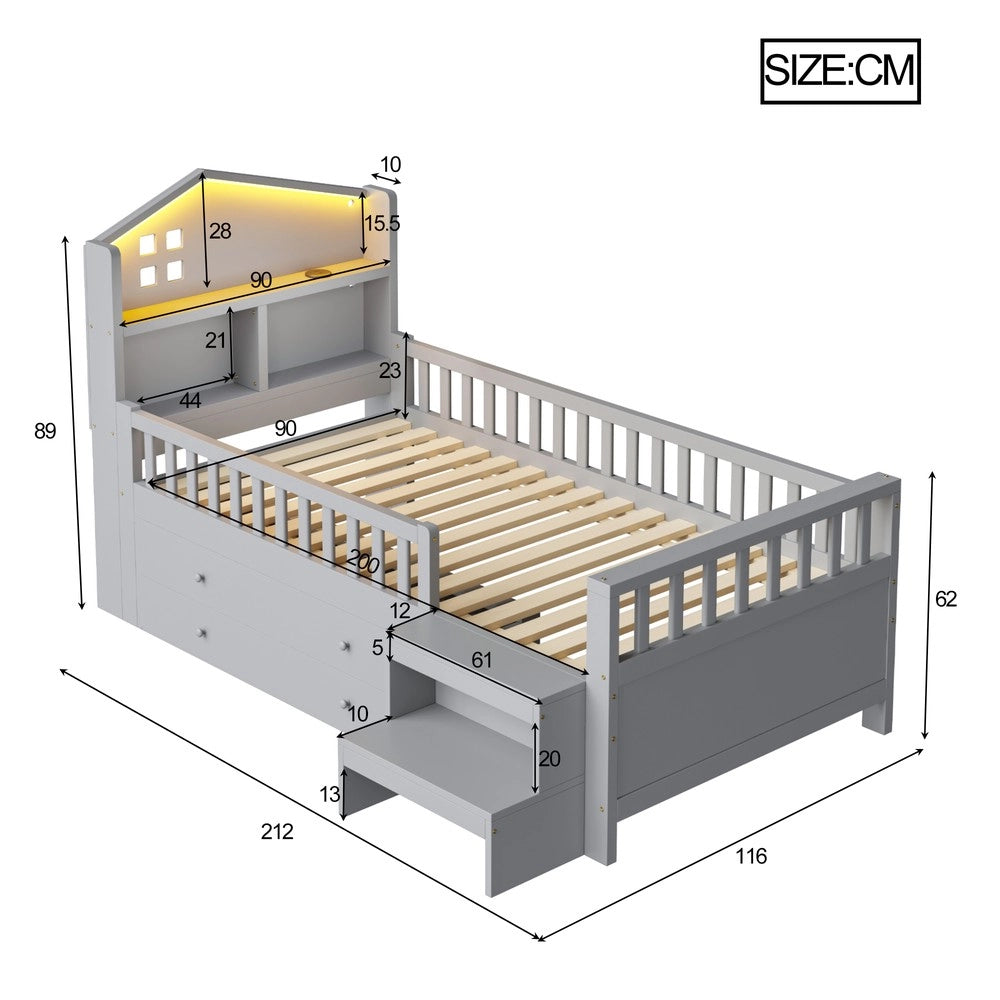 Letto Singolo con LED, USB, Cassetti e Rete a Doghe ¨C MINIMAL ¨C Massello Grigio 90x200
