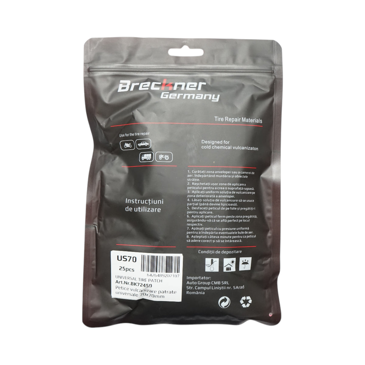 Toppe vulcanizzanti quadrate 70x70mm universali per camere d'aria 25 pz/set Breckner Germany