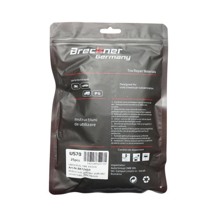 Toppe vulcanizzanti quadrate 70x70mm universali per camere d'aria 25 pz/set Breckner Germany