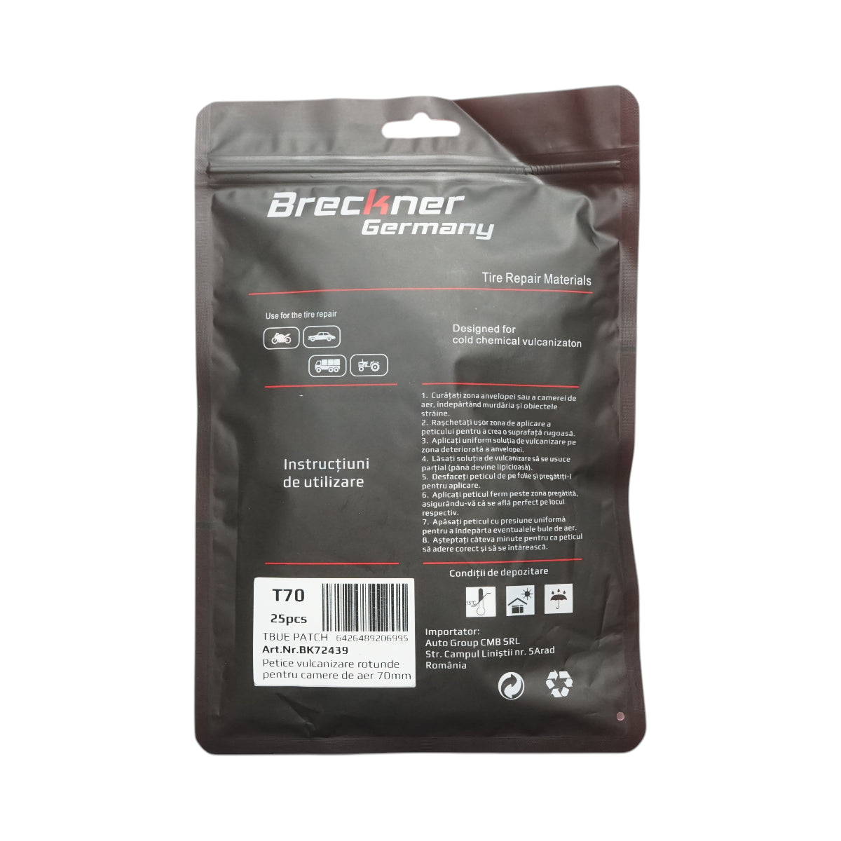 Toppe vulcanizzanti rotonde universali da 70 mm per camere d'aria, set da 25 pezzi Breckner Germany