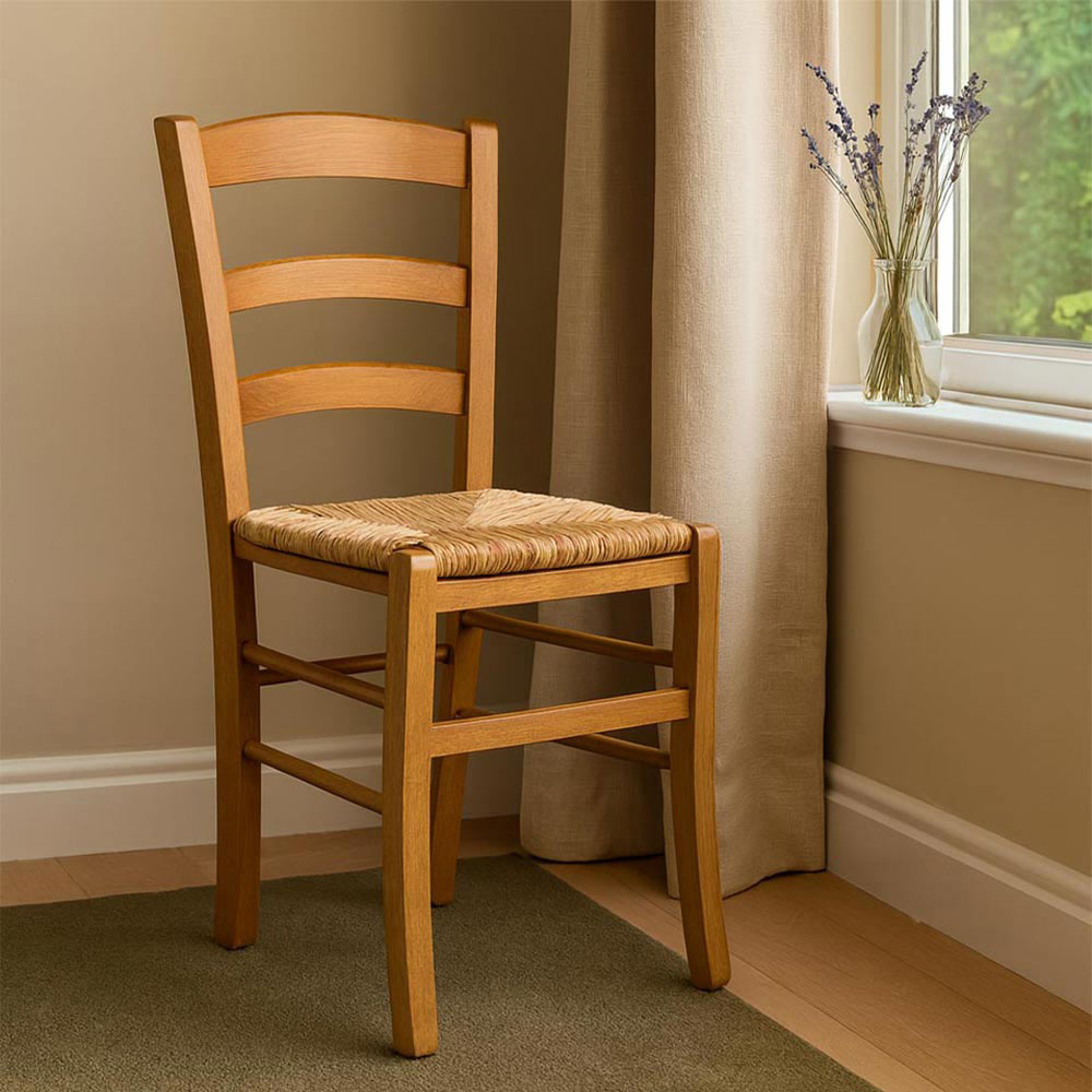 Sedia da cucina pranzo in legno paesana noce chiaro con seduta in paglia di riso