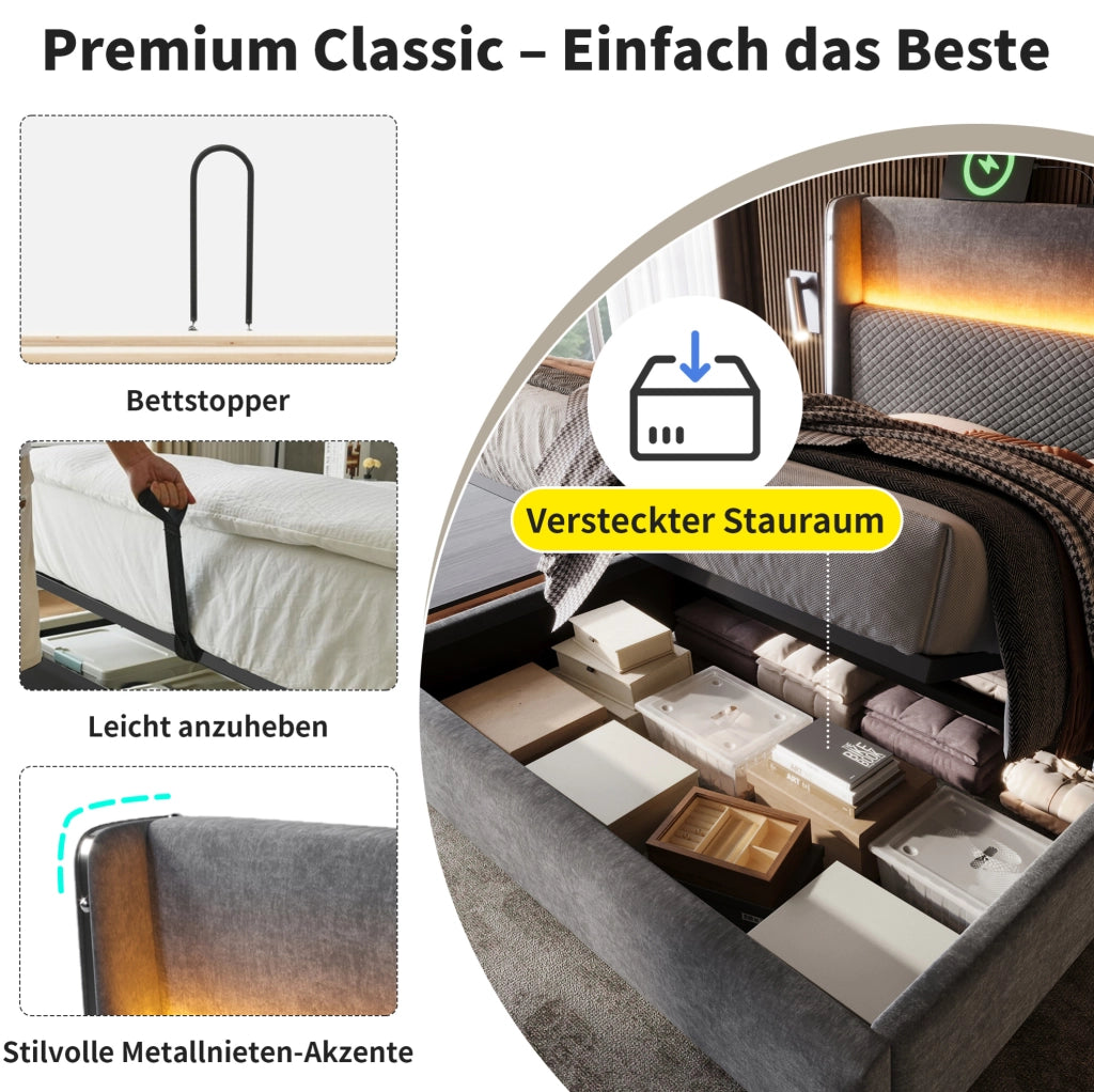 Letto matrimoniale 160x200 cm con testiera alta; LED; USB e contenitore; grigio; con materasso