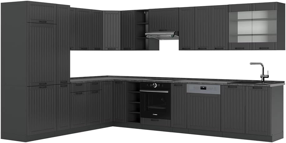 Cucina angolare completa Fame-Line, Quercia dorata, 347 x 60 cm, PL Marmo, per l'espansione personalizzata con moduli aggiuntivi compatibili
