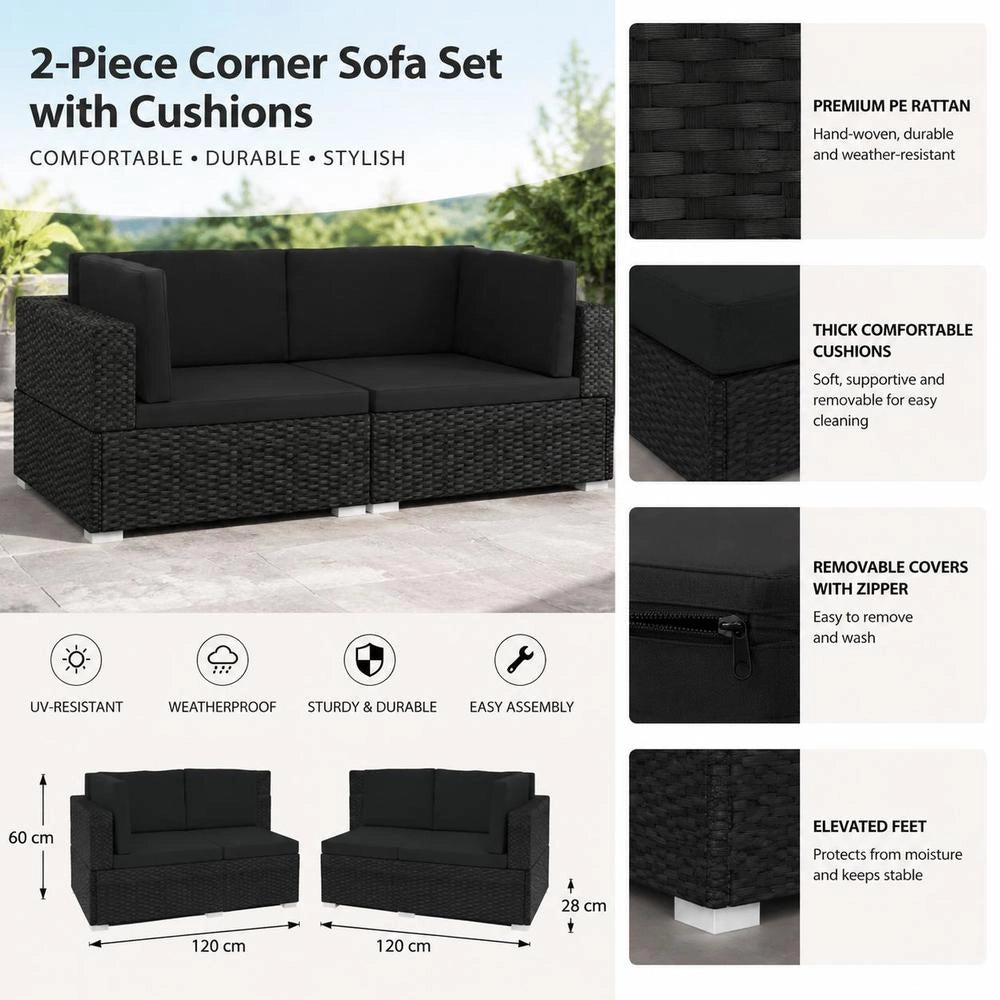 Corner Sofas, Set Of 2, With Cushions, Poly Rattan, Black