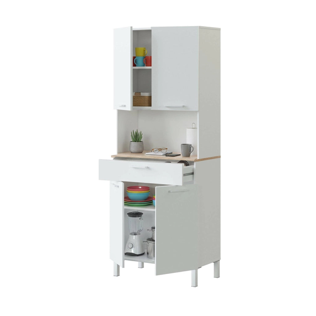 Armadio multiuso Dicentra, Mobile ausiliario da cucina, Credenza a 4 ante e 1 cassetto con ripiani, Armadio aperto, cm 72x40h186, Bianco e Rovere