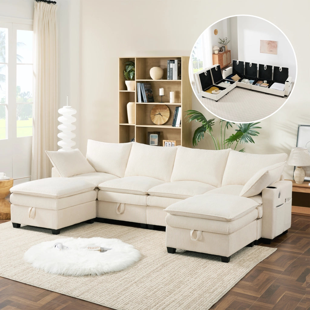 Divano modulare angolare 5-6 posti - con USB e contenitore - in corduroy beige