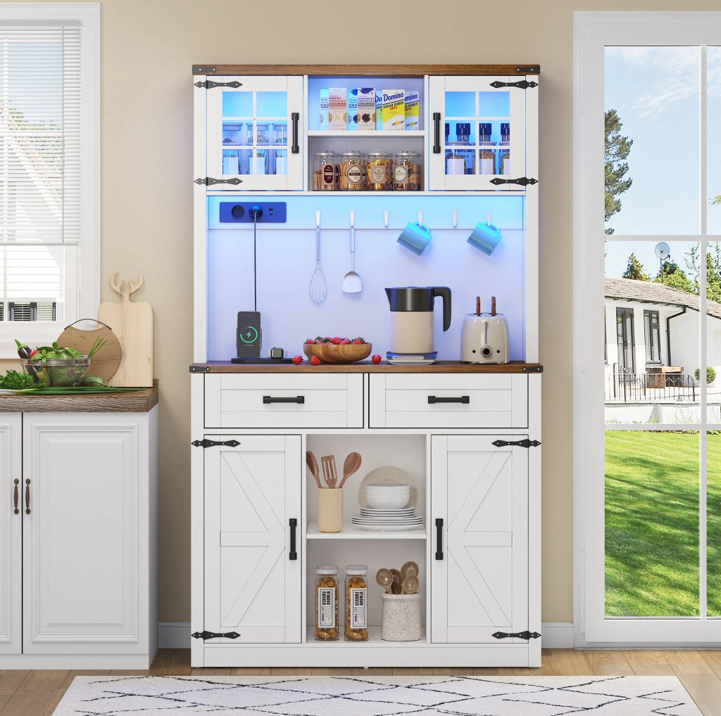 Mobile bar con LED regolabili e prese, madia da cucina con ampio spazio in MDF bianco e marrone