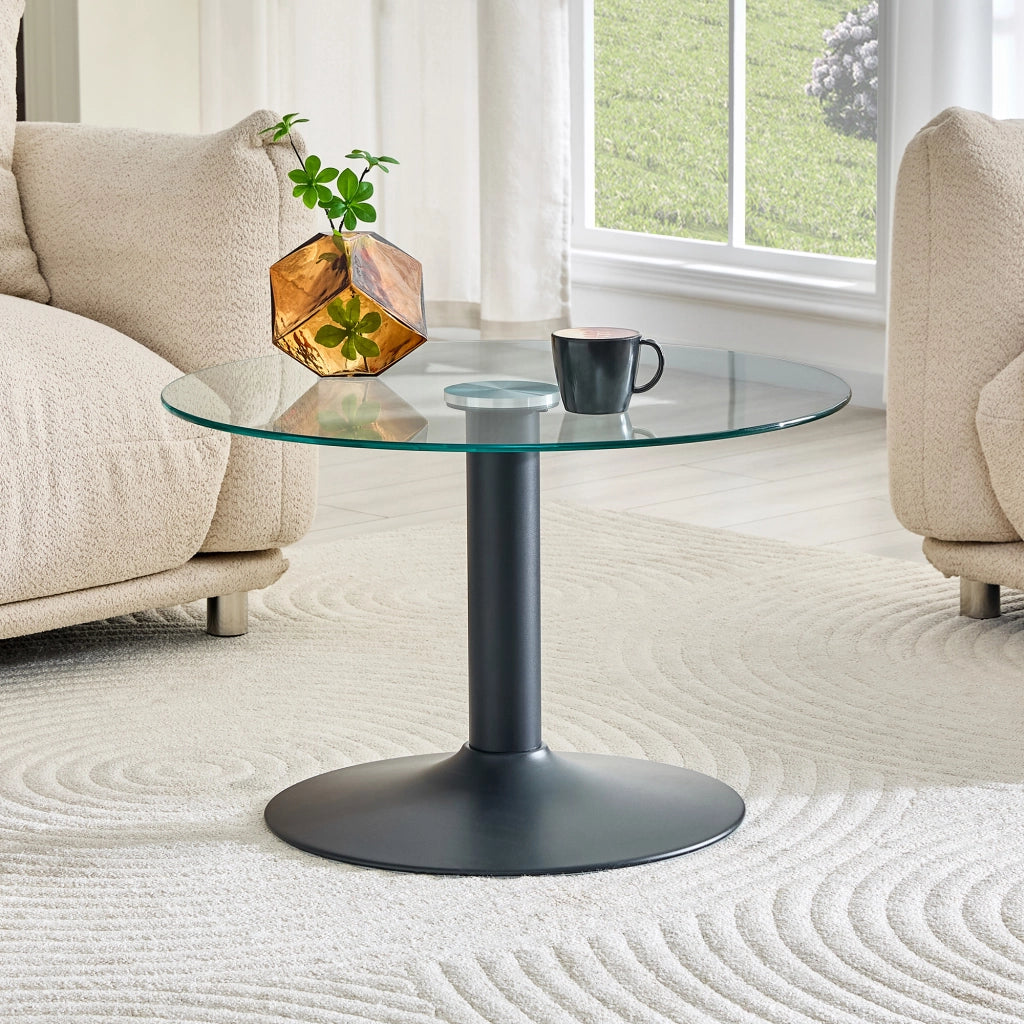 Tavolino basso rotondo moderno in vetro temperato e metallo con base stabile, per soggiorno, nero, 70 × 45 cm