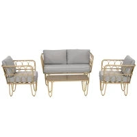 Salotto da Giardino in Rattan Stile Boho con Divano 2 Posti, 2 Poltrone e Tavolino con Vetro