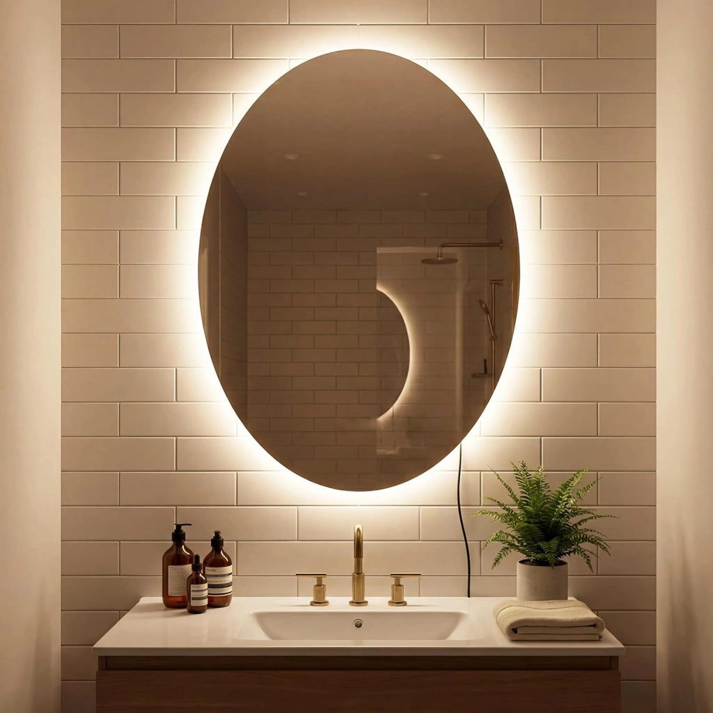 Specchio da Bagno Ovale 70 x 50 CM, Specchio da Toeletta con Luce LED, Antiappannamento, 3 Colori di Luce Dimmerabili, Funzione Memoria e Vetro Temperato Infrangibile per Ingresso