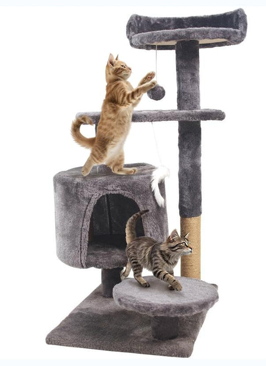 Fenixshop24 Tiragraffi angolare per gatti alto 88 cm, con corda in Sisal e peluche è fornito inoltre di una comoda e accogliente cuccia - Grigio