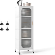 Armadietto da cucina con ruote, a 5 ripiani, con ripiani regolabili, alto con anta trasparente, multiuso, per sala da pranzo, soggiorno, 45 x 40 x 141 cm (bianco)