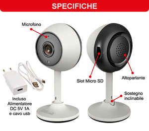 Telecamera Smart WiFi Mini Full HD 1080P Bianca – Rilevamento Umano, Visione Notturna, Audio Bidirezionale