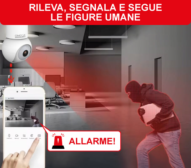 Telecamera Smart WiFi con Attacco E27 – FHD 1080P, Rilevamento Umano, Visione Notturna