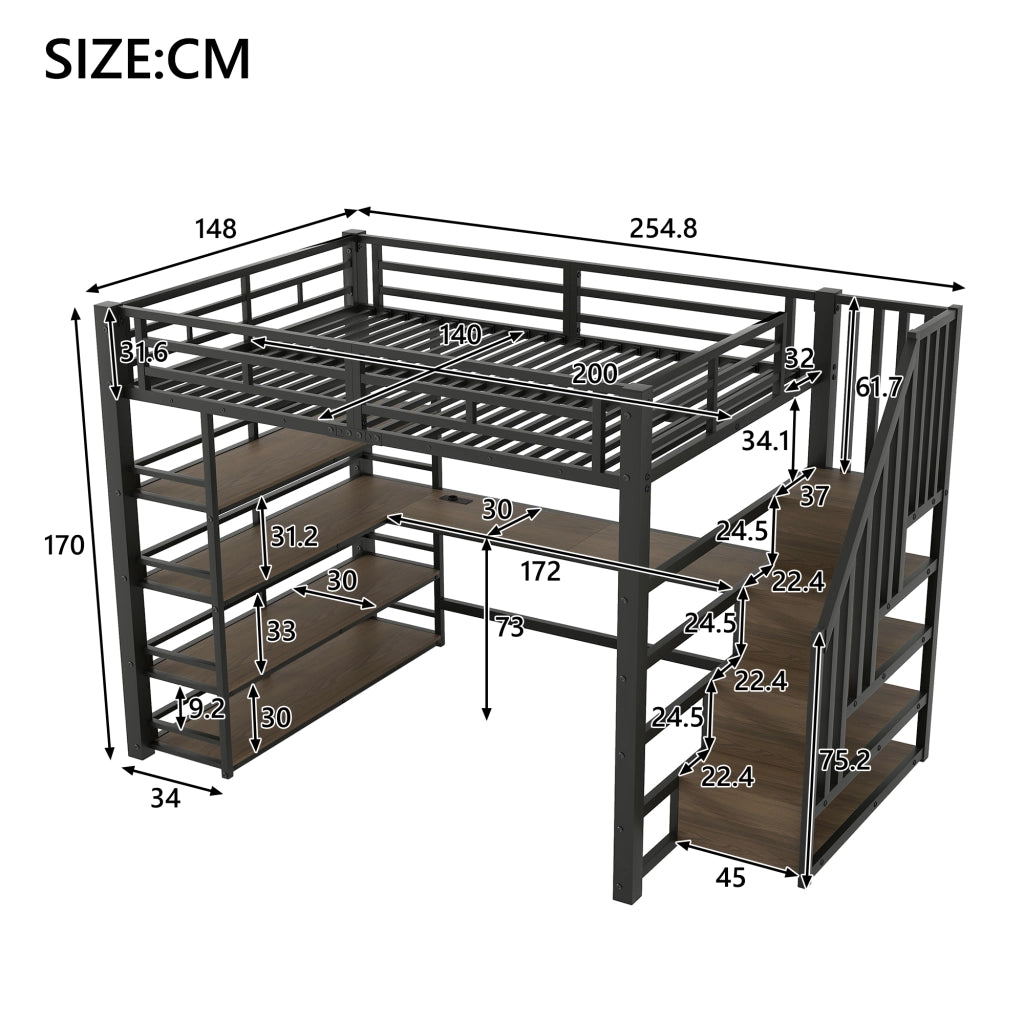 Letto a soppalco 140 × 200 cm con scrivania integrata, ripiani, LED, stazione di ricarica USB et metallo nero, senza materasso