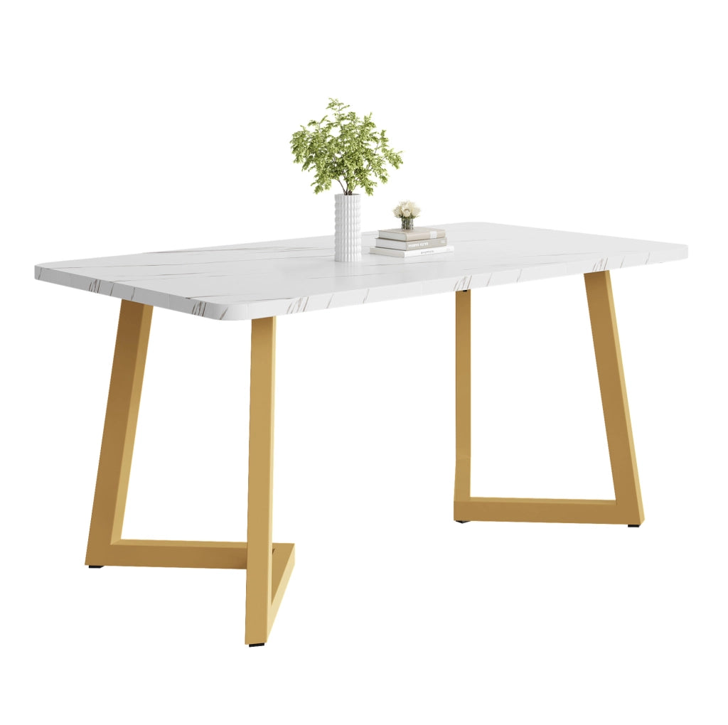 Tavolo da pranzo 117x68x75 cm con piano effetto marmo; gambe in ferro; MDF; bianco dorato