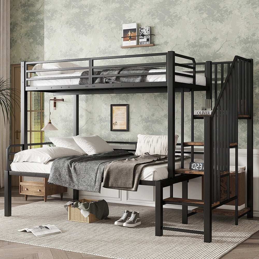 Letto a Castello Ferro – Xylo – 90x200 e 120x200cm, Scala Angolare con Ripostiglio, Nero/Legno Vintage