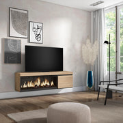 Mobile TV Soggiorno, 158x35x45cm, Per TV fino a 65", Camino elettrico XXL, da appendere, colore Rovere RF3253