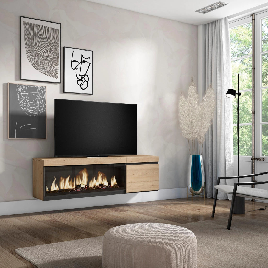 Mobile TV Soggiorno, 158x35x45cm, Per TV fino a 65", Camino elettrico XXL, da appendere, colore Rovere RF3253